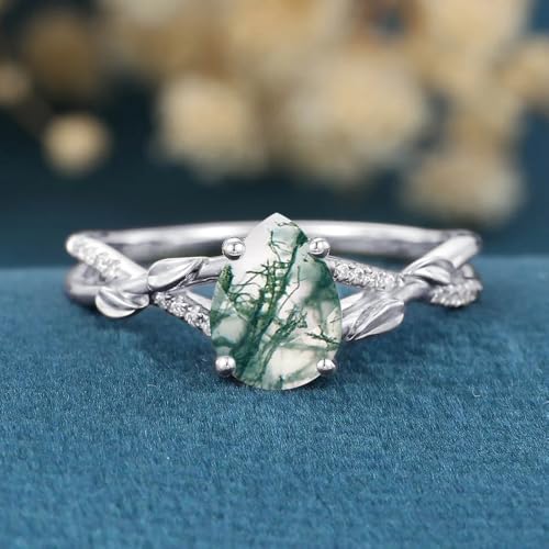 Blocaci Natural Moss Agate Rings for Women 1CT Center Pear Shaped Moss Agate Engagement Rings with Moissanite 925 Sterling Silver 10K 14K 18K Gold Green Moss Agate Ring3