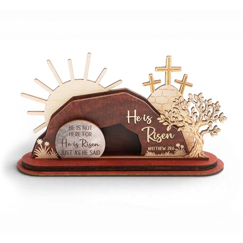 He is Risen Easter Decor Wooden Resurrection Scene with Empty Tomb Cross & Figurines Christian Religious Tabletop Decoration for Home Faith easter Gifts EASTERr Basket Stuffer - PR (KAT_ CL He is risen 3 layers ngang)