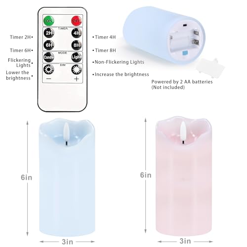 Image of Flameless Candles Light, Set of 2 6 inchx3 inch Flickering Pastel Spring LED Candles with Remote & Timer, Dimmable Real Wax Easter Pillar Candles Battery Operated for Home Spring Easter Decor (Pink Blue)