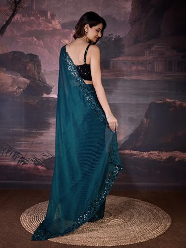 Trendmalls Women's Chiffon Sequin Embroidery Cut Work Border Saree with Unstitch Blouse Piece (K1062-Morpeach)