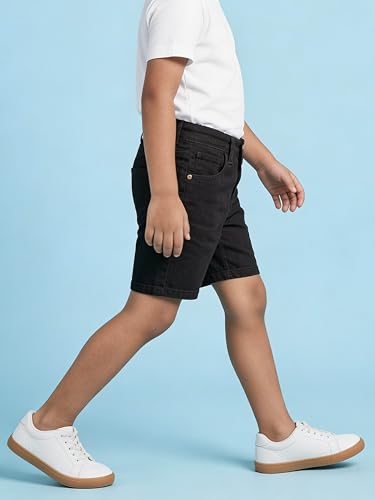 Image of KiddoPanti Boys Knee-Length Denim Shorts | Stretchable Cotton Poly Denim | Comfortable Fit with Button Elasticated Waistband & Zip Fly