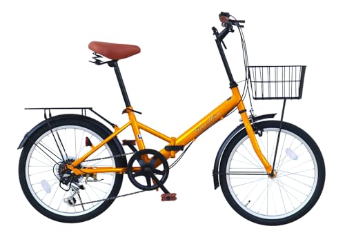 THREE STONE 折りたたみ自転車 自転車 20インチ AJ-08C 荷台付き シマノ6段ギア カゴ ライト ワイヤーロック錠 プレゼント 通勤 通学 街乗り (オレンジ(荷台付き))