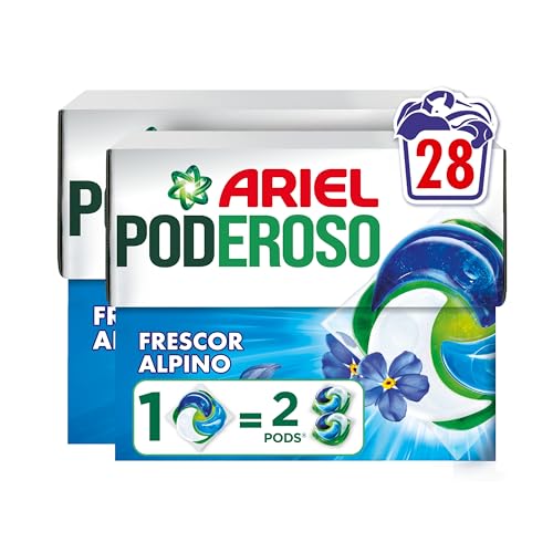 Ariel PODs PODEROSO, Detergente Líquido En Cápsulas 14 Lavados, Frescor De Los Alpes, Con Aditivos Integrados, Quitamanchas Y Eliminación De Olores X2 (Paquete de 2)