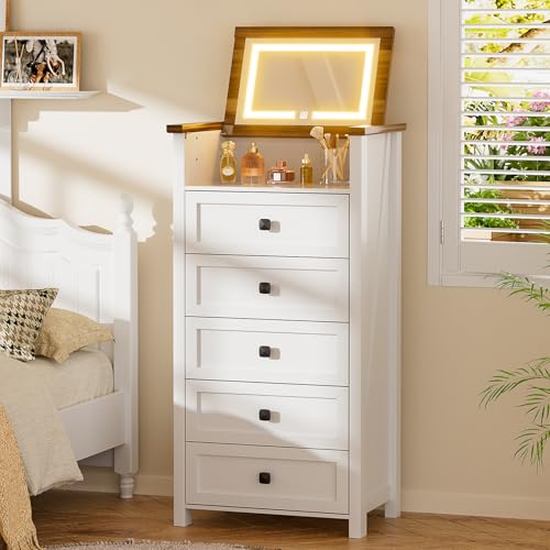 Dresser with Mirror for Kids Bedroom, 47"- 63" Tall Dresser with 5 Drawer, LED Makeup Mirror, Chest of Drawers, Farmhouse Makeup Vanity with Storage, White & Brown