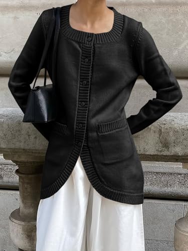 Saodimallsu Womens Button Down Cardigan Sweaters Long Sleeve Crew Neck Knit Casual Loose Sweater Coat with Pockets2