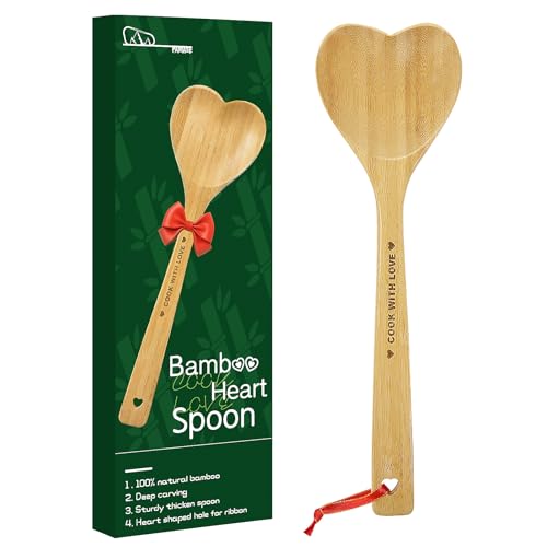 Bamboo Heart Shaped Spoon for Cooking - Wooden Cook with Love Spoon Kitchen Utensils, Valentines Mother's Day Gifts for Grandma Mom Couple Wife Hostesses House Warming