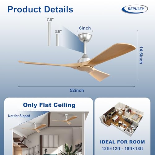 Image of Depuley Ceiling Fan Without Light: 52 Inch 3 Blade Indoor Outdoor Fans for Patios - Wood Ceiling Fan No Light Remote APP Control Ultra Quiet DC Motor Reversible 6 Speed Timer