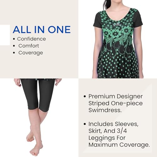 Image of Originals Swimming Costume for Women's One-Piece Beach Wear with Sleeve & Skirted 3 /4 Leggings Maximum Covered Swim Wear Dress (L - 7XL)