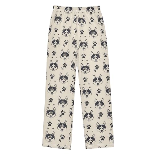 Husky Dog with Footprint Pajamas Bottoms with Pockets Comfy Pjs Sleepwear Elastic Waistband Pajamas Pants Lounge Pants for 6-14 Years