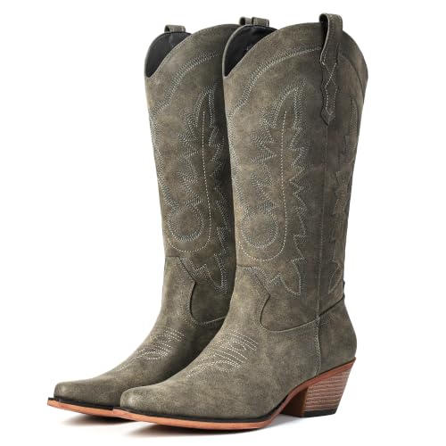 Image of Women's Pointed Toe Mid Calf Cowboy Boots - Cowgirl Boots with Chunky Heel