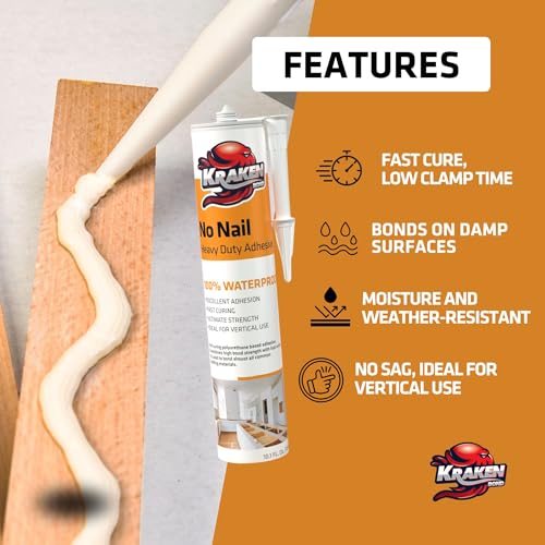 Image of Kraken Bond No More Nails Heavy Duty Clear Adhesive - (1x10.1 Fl Oz) 100% Waterproof & Extra Strong Polyurethane Construction Sealant for Wood, Ceramic, Tile, Floor, Granite, Rubber - 1 Pack