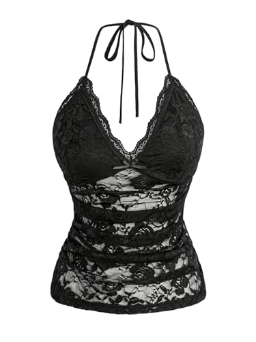Verdusa Women's Plus Size Floral Lace Date Night Tops V Neck Backless Halter Top