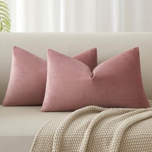 Image of 12x20 Decorative Lumbar Velvet Throw Pillow Covers Set of 2,Pink Purple | JUSPURBET Cozy Soft Pillowcases with Invisible Zipper for Modern Couch Sofa Bed Living Room Bedroom Home Decor