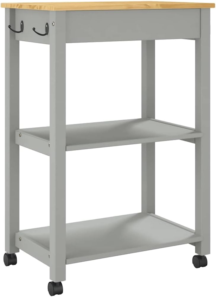 Kitchen Trolley Monza Solid Pine Wood Rolling Kitchen cart 23.6"x15.7"x34.8" with Drawer and Shelves Durable Serving cart Mobile cart for Kitchen Storage