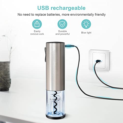 Electric Wine Opener, Ezbasics Automatic Wine Bottle Opener Set With Foil Cutter Vacuum Stopper And Wine Aerator Pourer For Wine Lovers Gift Home Kitchen Party Bar Wedding Rechargeable, Silver #TOP2