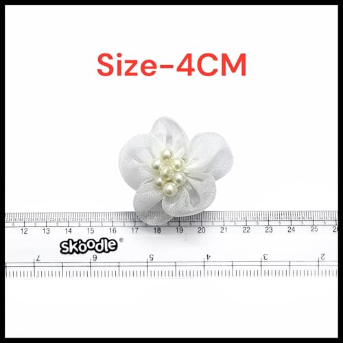 Image of Fabric Flower Embellishments with Pearl Center Handmade Organza Floral Appliques for Craft, Hair Accessories, Scrapbooking, DIY Decoration & Sewing Pack of 25 Piece 4CM (White)