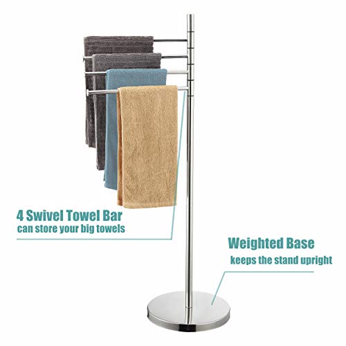Naturous 4 Swivel Arm Towel Rack Holder, Freestanding Hand Towel Bar Stand with Round Base, Stainless Steel Bathroom Towel/Kitchen Towel Rack Stand