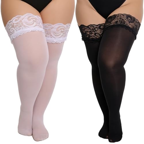 Sdfvsdg 2Pair Plus Size Thigh High Stockings Women Lace Semi Sheer Top Stay Lingerie UpPantyhose Thigh Highs (Black white)