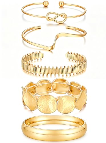 iF YOU Gold Bangle Bracelets for Women, Dainty Knot 14K Gold Plated Multi Layer Bangle Cuffs, Personalized Boho Chunky Bracelets for Women Jewelrys Set Gifts