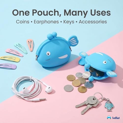 Image of FunBlast Cute Fish Shape Silicone Coin Purse for Kids & Adults - Mini Pouch for Coins, Earphones, Keys & Small Essentials, Aesthetic Pouches for Girls & Women - 12 X 9.5 X 3 Cm (Sky Blue)
