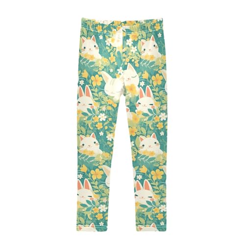 KLL Cartoon Cat Bunny and Flower Green Little Girls Legging Stretch Full Length Activewear Exercise