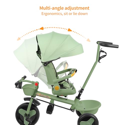 Baby-Dreirad, mitwachsendes Dreirad, 5-in-1-Dreirad mit Schiebestange von 18 Monaten bis 25 kg, Velo Bebe 1 Jahr, skalierbar, Licht und Musik + Drehsitz + Sitz- und Schrägdesign (grün) – Bild 4