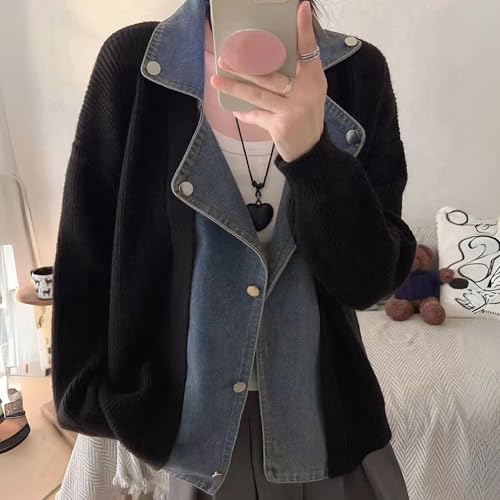 FindThy Women’s Denim Patchwork Knit Cardigan Trendy Lapel Collar Long Sleeve Button Down Oversized Sweater Coat3