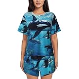 GUOLGP Damen-Pyjama-Set, Motiv: Killerwale, weich, kurzärmelig, bequem, Loungewear, lässige Nachtwäsche, Schwarz , XXL