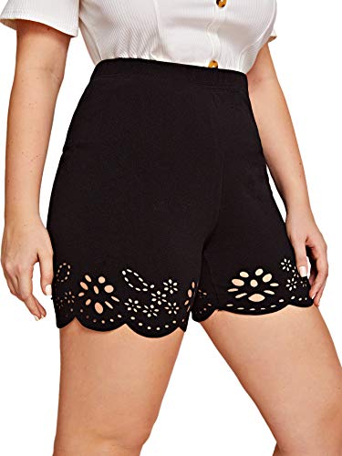 SOLY HUX Women s Plus Laser Cut-Out Scallop Hem Elastic Waist Shorts Black 3XL