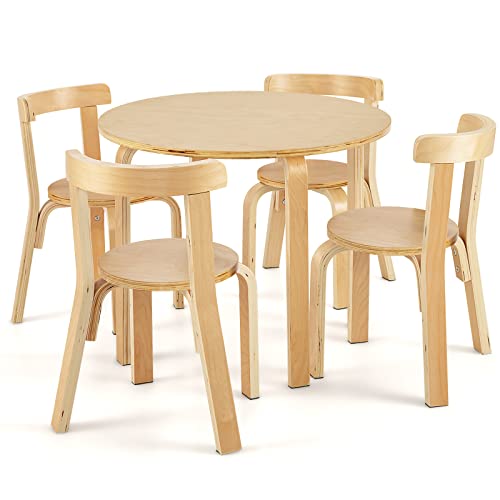 COSTWAY Juego de Mesa y Sillas para Niños de 5 Piezas con Respaldo de Madera Curvado, Mesa de Actividades para Niños con 4 Sillas, Muebles Infantiles para Hogar para Jugar, Dibujar, Leer (Natural)