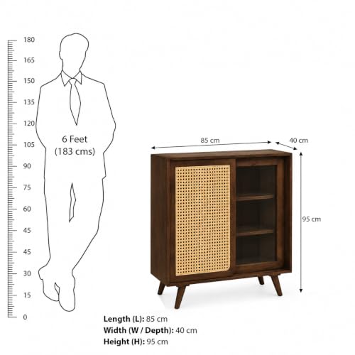 Image of The Attic INES Cabinet, Coffee Table for Living Room, Solid Wood Centre Table with Cane with Sliding Doors, Natural Finish