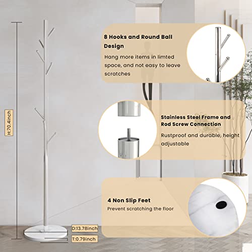 Adedeo Marble Coat Rack Stand, Natural Marble Round Base, Silver Stainless Steel Freestanding Coat Tree Hanger, 8 Hooks, Hall Tree For Clothes Hat Scarves Handbags Entryway Bedroom #TOP2