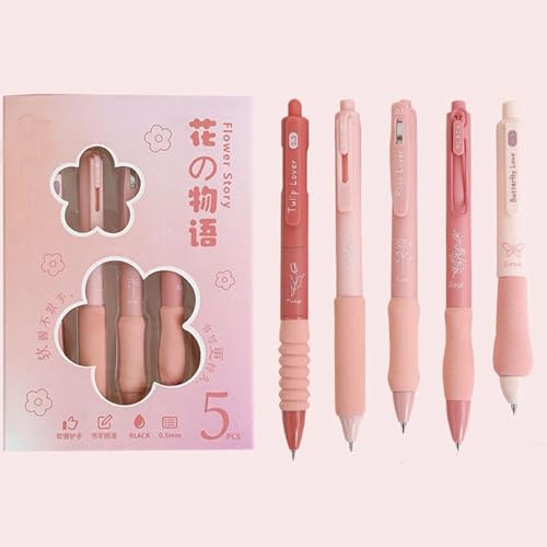 Image of PAXCOO Flower Theme Gel Pens Set of 5, 0.5mm Fine Point Blue Ink Quick Dry Retractable Gel Pens, Aesthetic Cute Flower Pens for School, Office,Note Taking, Smooth Writing with Comfortable Soft Grip