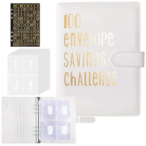 Ringbuch A5,100 Envelope Saving Challenge mit Challenge Tracker und Pre-numbered Taschen,für Budget Planner,Budget Binder,Geld Sparen Challenge,Sparbuch,Geburtstags Geschenk(Weiß)