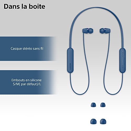 Sony WI-C100 Écouteurs sans Fil Bluetooth - Jusqu'à 25 Heures d'autonomie - Microphone intégré pour Les appels téléphoniques - Compatible Assistants vocaux - Bleu