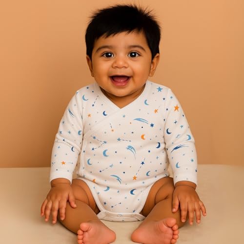 Image of MOM'S HOME Organic Cotton Front Open Kimono Onesie For Newborn Baby | New Born Clothing For Boys & Girls | 0-6 Months | Pack of 1