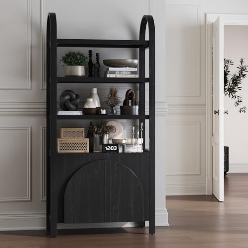 Nathan JamesIris 3 Tier Bookshelf, Arched Bookcase Cabinet, Solid Wood Bookcase with Cabinet Base, Boho Bookshelf in Midnight Charcoal Finish