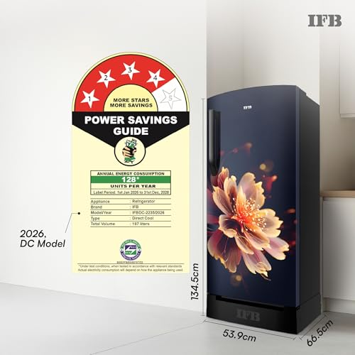 Image of IFB 197L 4 Star Advanced Inverter Direct-Cool Single Door Refrigerator with 30 Hrs Cooling Retention, Big Vegetable Box, 4 Year Super Warranty & Base Stand (2026,IFBDC-223DYBMED, Mystic Blossom Blue)