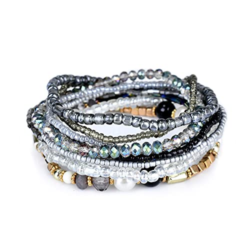Image of Caiyao Handmade Multicolor Bohemian Crystal Beaded Bracelets Set Multilayer Stackable Boho Charms Stretch Layered Bead Adjustable Bangles Strand Jewelry for Women