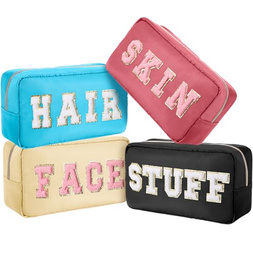 Remerry 4 Pcs Makeup Bags Travel Cosmetic Bags Organization Chenille Letter Toiletries Stuff Pouch Preppy Waterproof Gift for Women Girl Teen (Retro,Face Skin Hair Stuff)