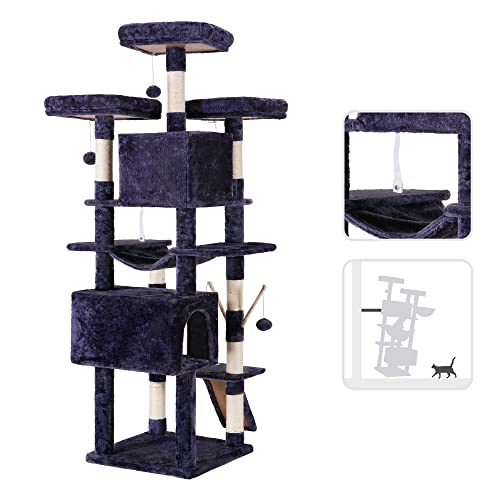 Image of Hey-brother Cat Tree, 71 inches XL Large Cat Tower for Indoor Cats, Multi-Level Cat House with 3 Padded Perches, Big Scratcher, Cozy Basket, 2 Cat Condos and Scratching Posts, Smoky Gray MPJ034G
