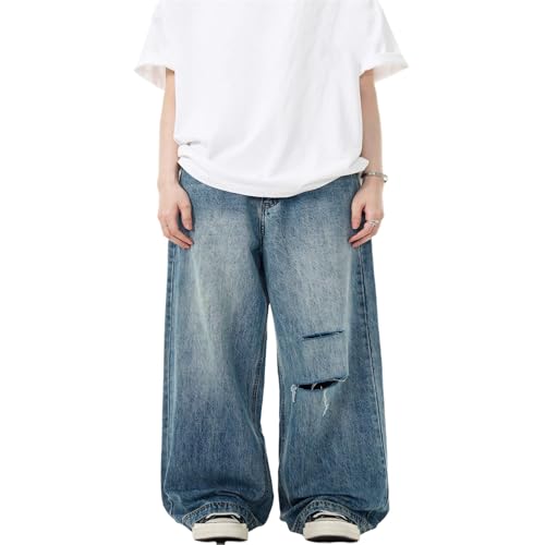 GUOYUXIAO Men's Jeans American-Style Retro Distressed Denim Pants Relaxed Washed Straight-Leg Pants Trouser for Men2