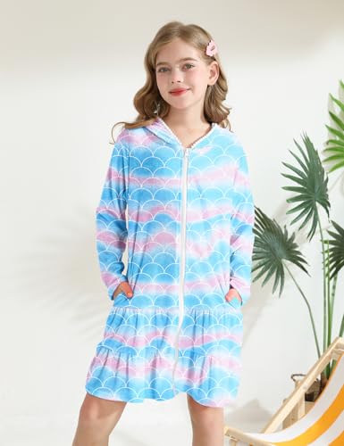 Image of Girls Swim Cover Up Kids Long Sleeve Swimsuit Coverup Terry Beach Pool Clothes with Sunglasses