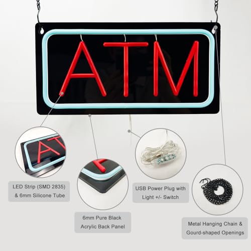 Image of ATM LED Neon Sign, 12 inchx6 inch, USB Powered with 9 Brightness Levels, Business Signboards for Bank Supermarket Convenience, Easy to Install, Ideal for Shop Wall Window Decoration (Red, Black Acrylic)