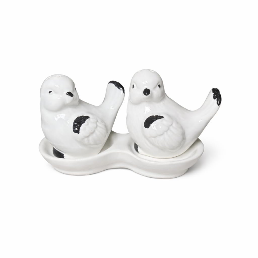 aaBco Ceramic Salt and Pepper Shaker Set, Brown and White, Kitchen Table Seasoning Containers (White_Birds)