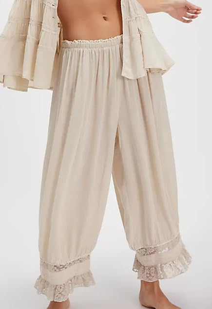 Image of UAURORAO Women Lace Trim Long Bloomers Elastic Mid Rise Ruffle Pantaloons Cropped Flared Slips Pants Pajama Bottoms(Beige,Small)