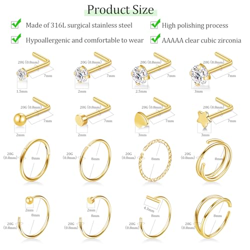 16PCS Nose Ring Studs 20G Nose Ring Hoop, L Shaped 14K Gold Plated 316L Surgical Steel Hypoallergenic Studs Set Clicker Hinged Ball CZ Piercing Jewelry for Women Men2