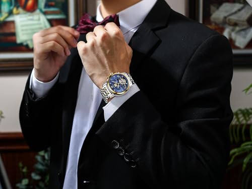 Image of OLEVS Self Winding Watches for Men Automatic Mechanical Skeleton Luxury Dress Waterproof Moon Phase Tourbillon Chronograph Stainless Steel Luminous Wristwatch