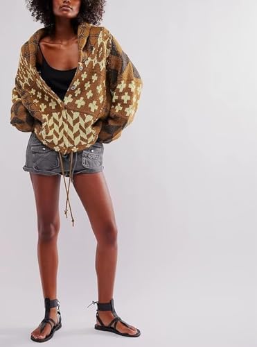 Image of Abstract Printed Lapel Knit Sweater for Women Geometric Graphic Vintage Cardigan Fall Loose Sweaters Outwear Coat
