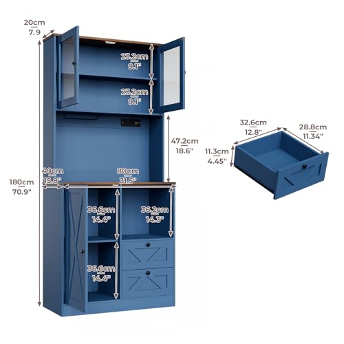 Image of 71''Kitchen Pantry Storage Cabinet with LED Lights and Power Outlet, Tall Farmhouse Kitchen Hutch with Microwave Stand,Globet Hooks and Adjustable Shelf for Dining Living Room,Blue